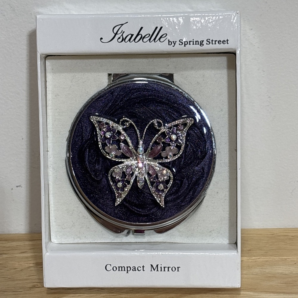 Butterfly Folding Compact Pocket Mirror Silver Purple Enameled Double Sided